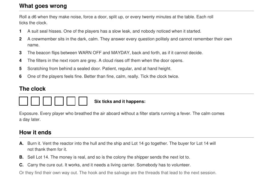 Page two: a d6 table of what goes wrong, a clock of six boxes, and three endings