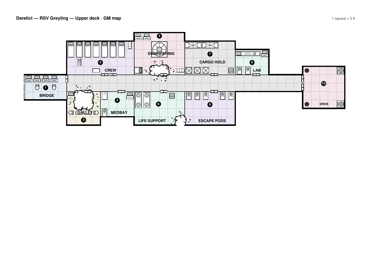 The GM map of the upper deck: a square grid deck plan with numbered rooms, doors, the medbay and the cargo holds