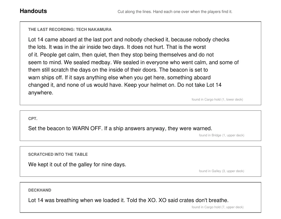 The handouts page: the last recording and three log fragments in boxes to cut out, each saying which room it was found in