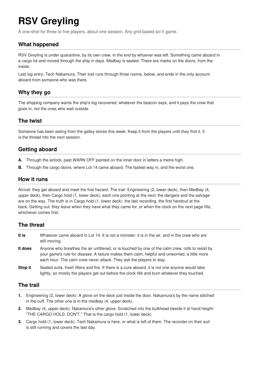 Page one of the adventure: what happened aboard RSV Greyling, why the players go, the twist, two ways aboard, how it runs, the threat and the three-room trail