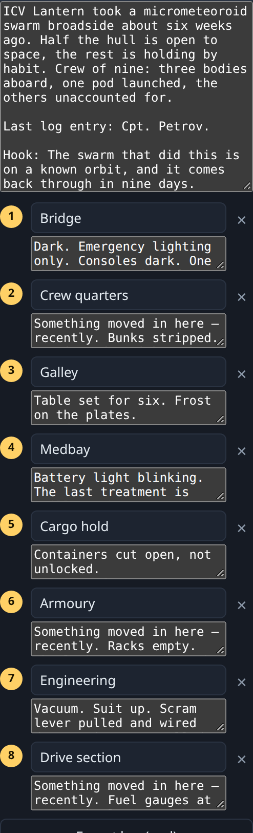 The room key panel of a generated derelict: the brief, the last log entry, the hook, and dead-ship notes in every room