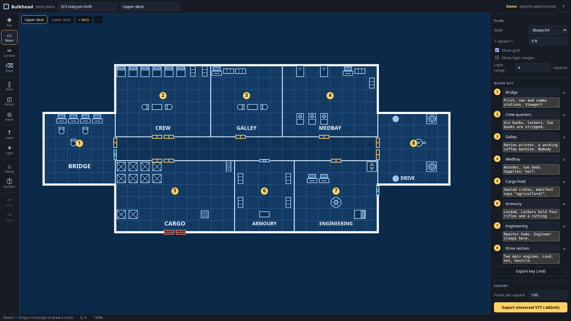 A generated freighter deck plan with colour-coded numbered rooms and a room key