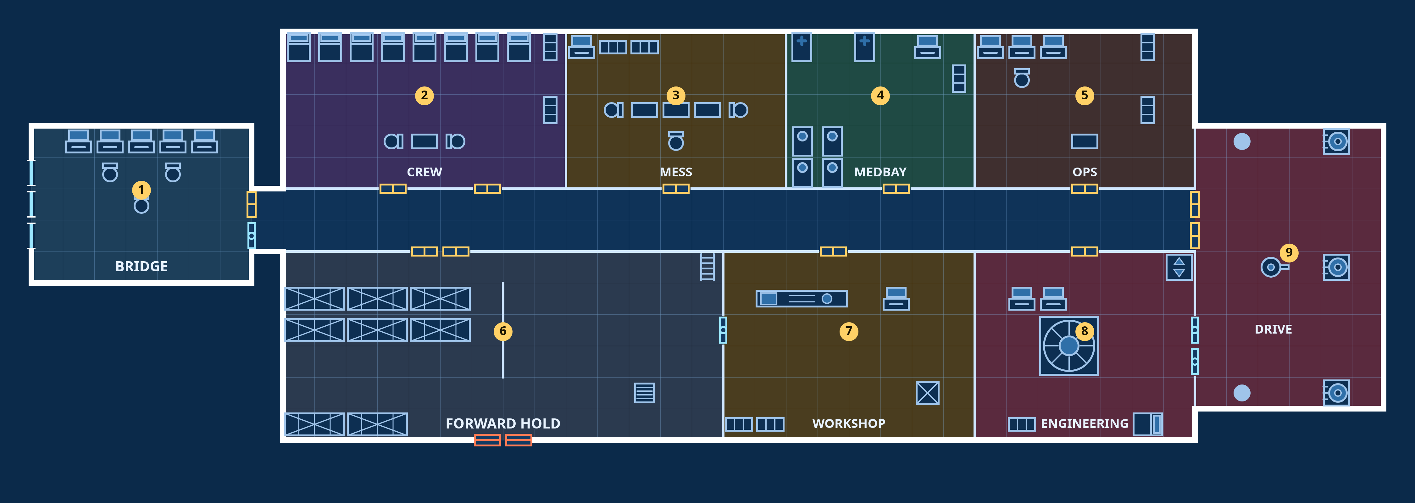 Anvil-class bulk freighter, Command deck: top-down sci-fi deck plan with coloured, labelled rooms, doors and fixtures.