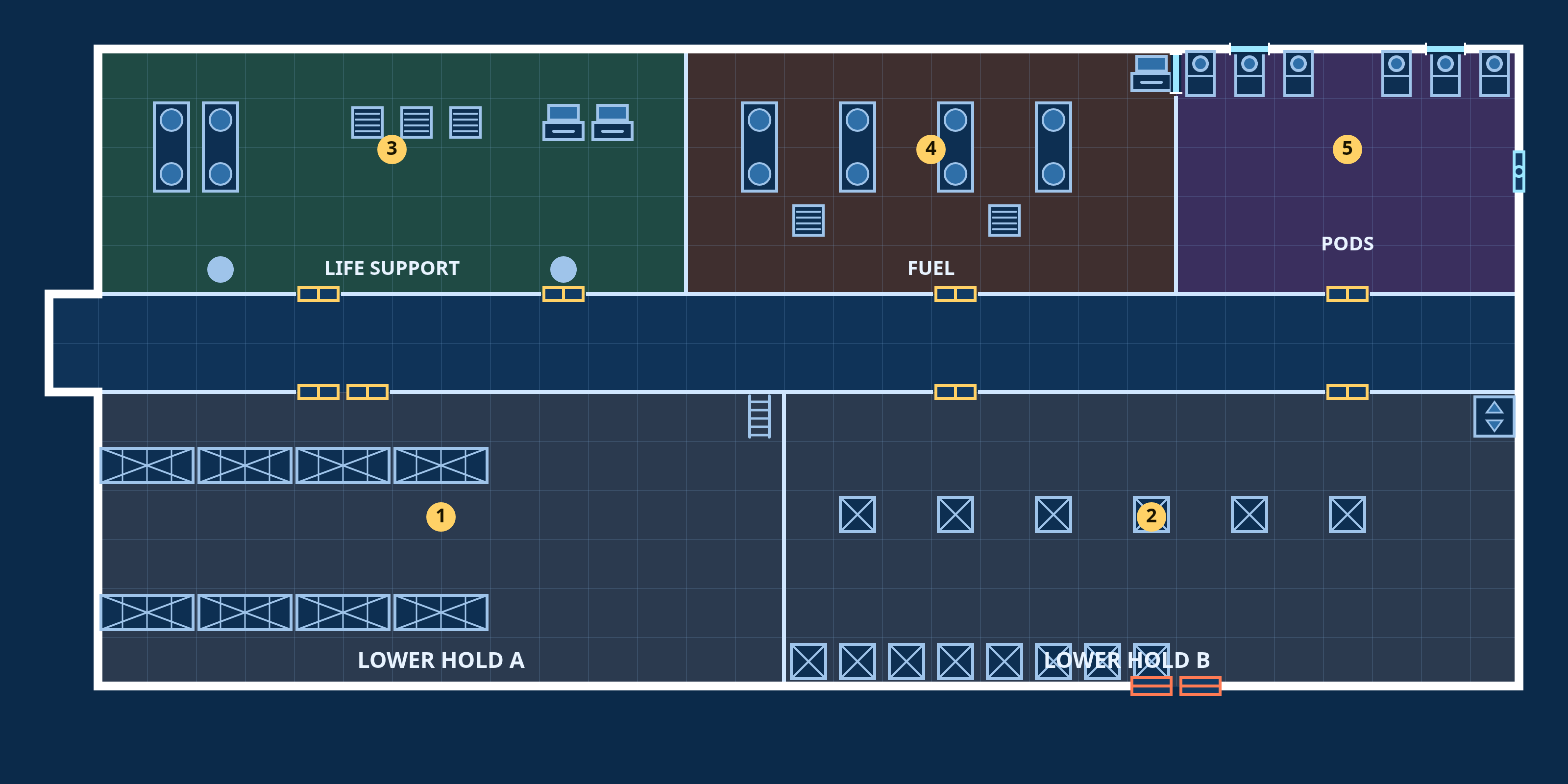 Anvil-class bulk freighter, Lower hold: top-down sci-fi deck plan with coloured, labelled rooms, doors and fixtures.