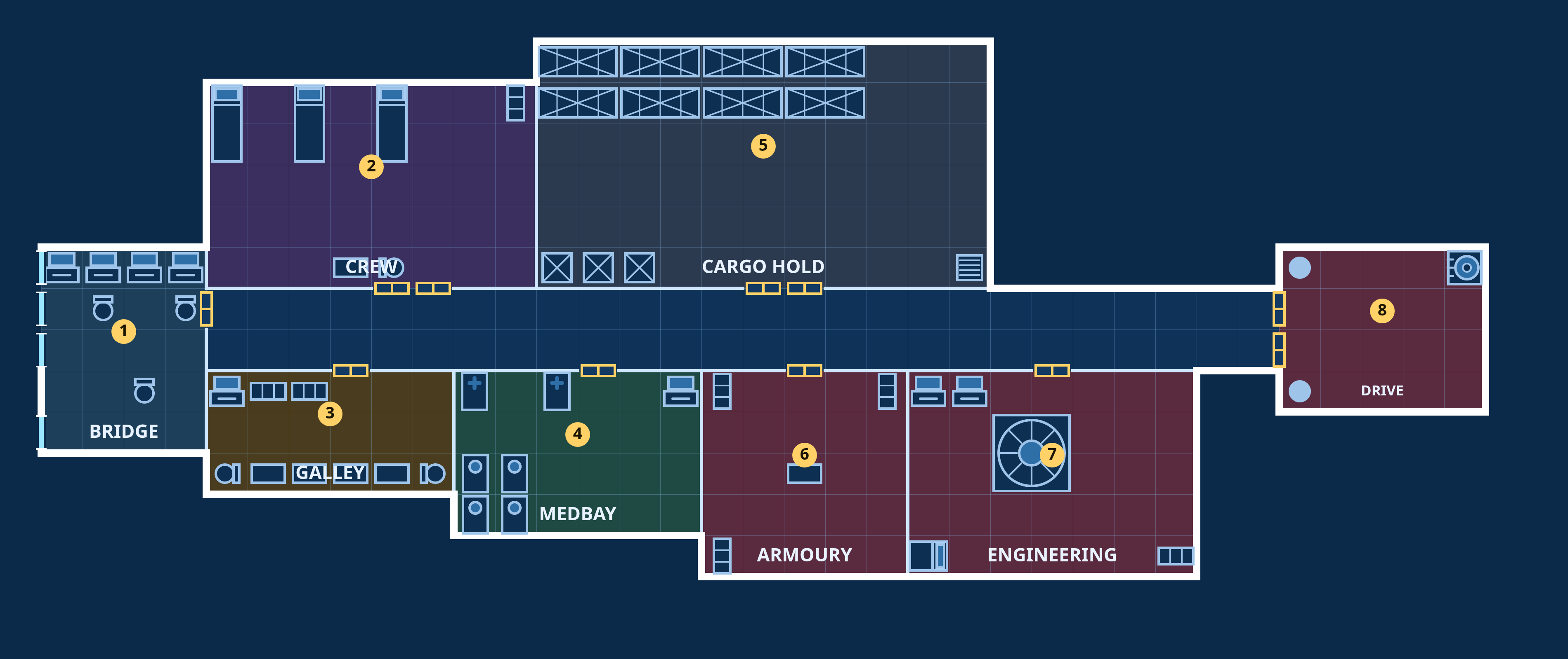 ICV Meridian, Main deck: top-down sci-fi deck plan with coloured, labelled rooms, doors and fixtures.