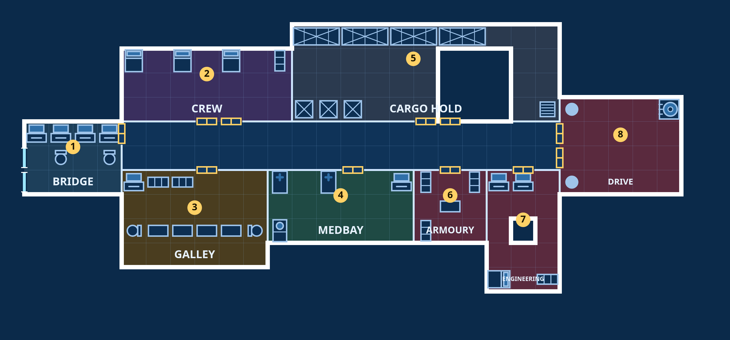 Derelict — ISV Osprey, Main deck: top-down sci-fi deck plan with coloured, labelled rooms, doors and fixtures.