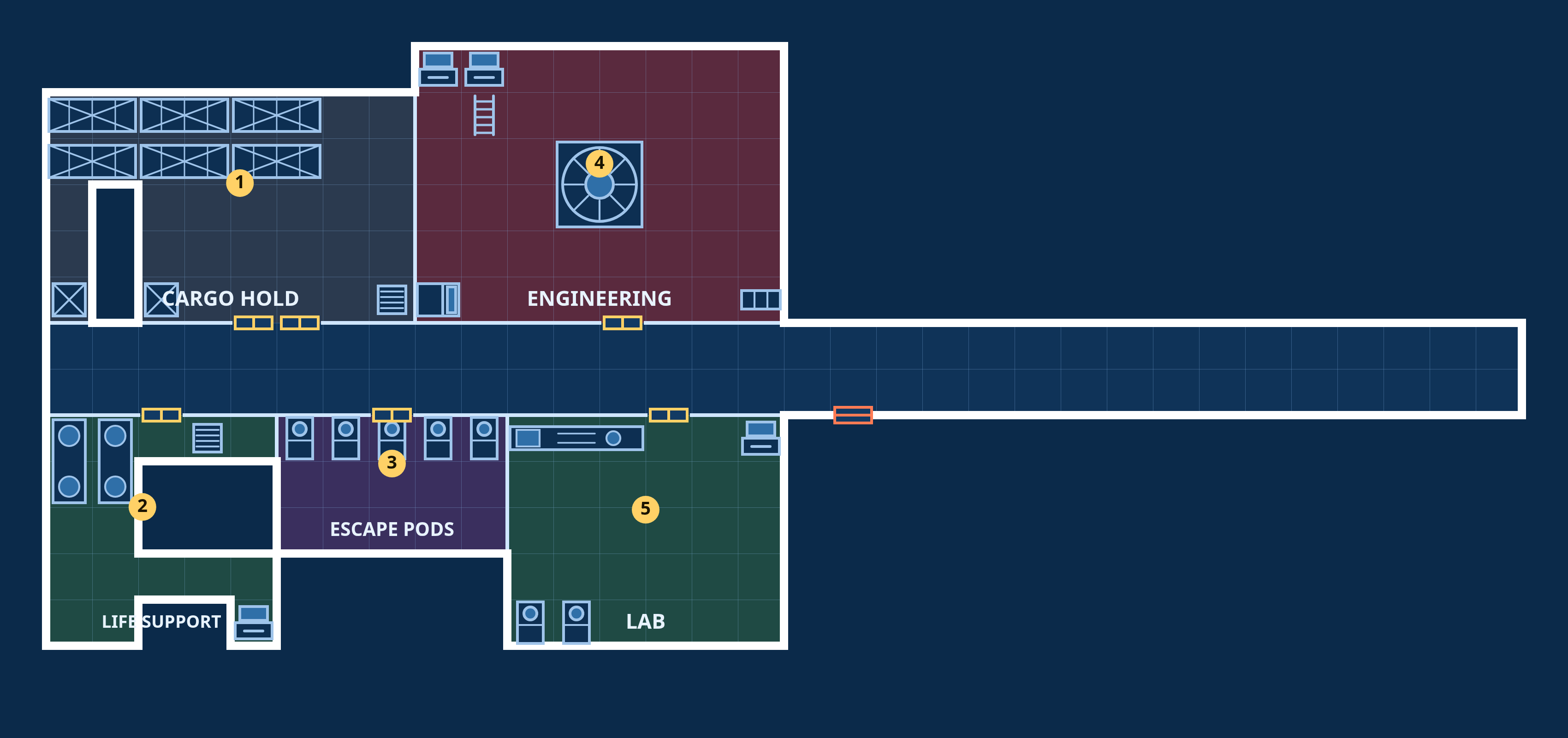 Derelict — MSV Tamarind, Lower deck: top-down sci-fi deck plan with coloured, labelled rooms, doors and fixtures.