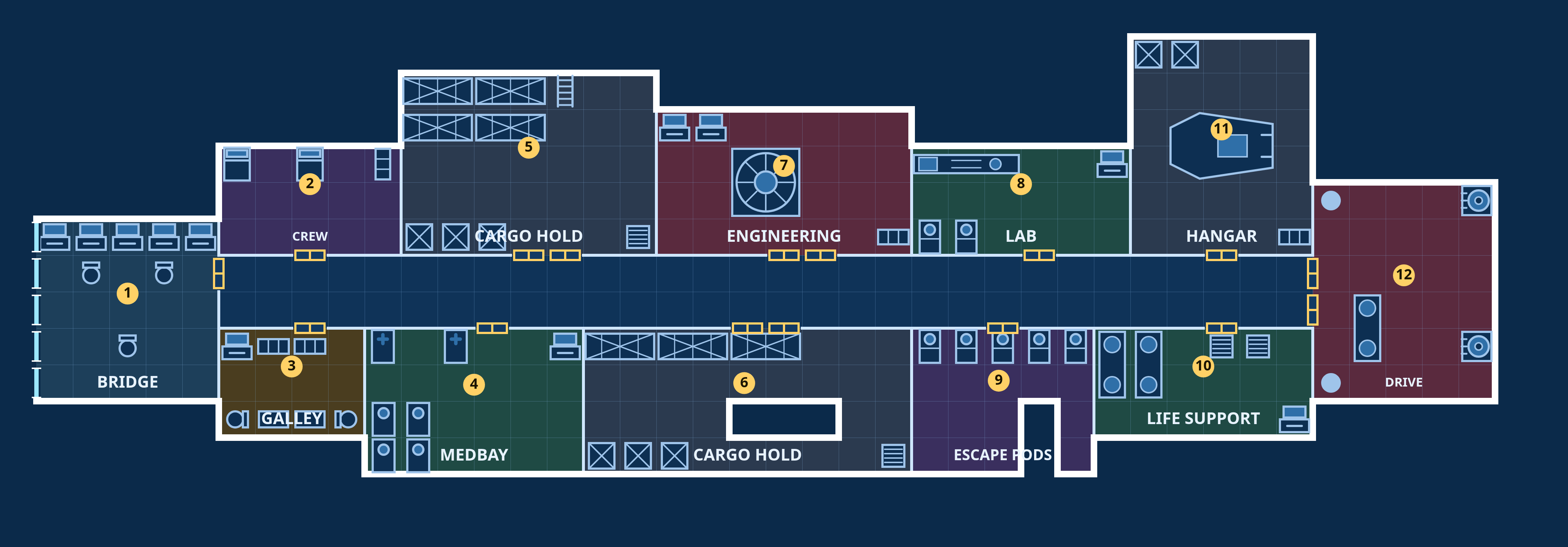 Derelict — MSV Tamarind, Upper deck: top-down sci-fi deck plan with coloured, labelled rooms, doors and fixtures.