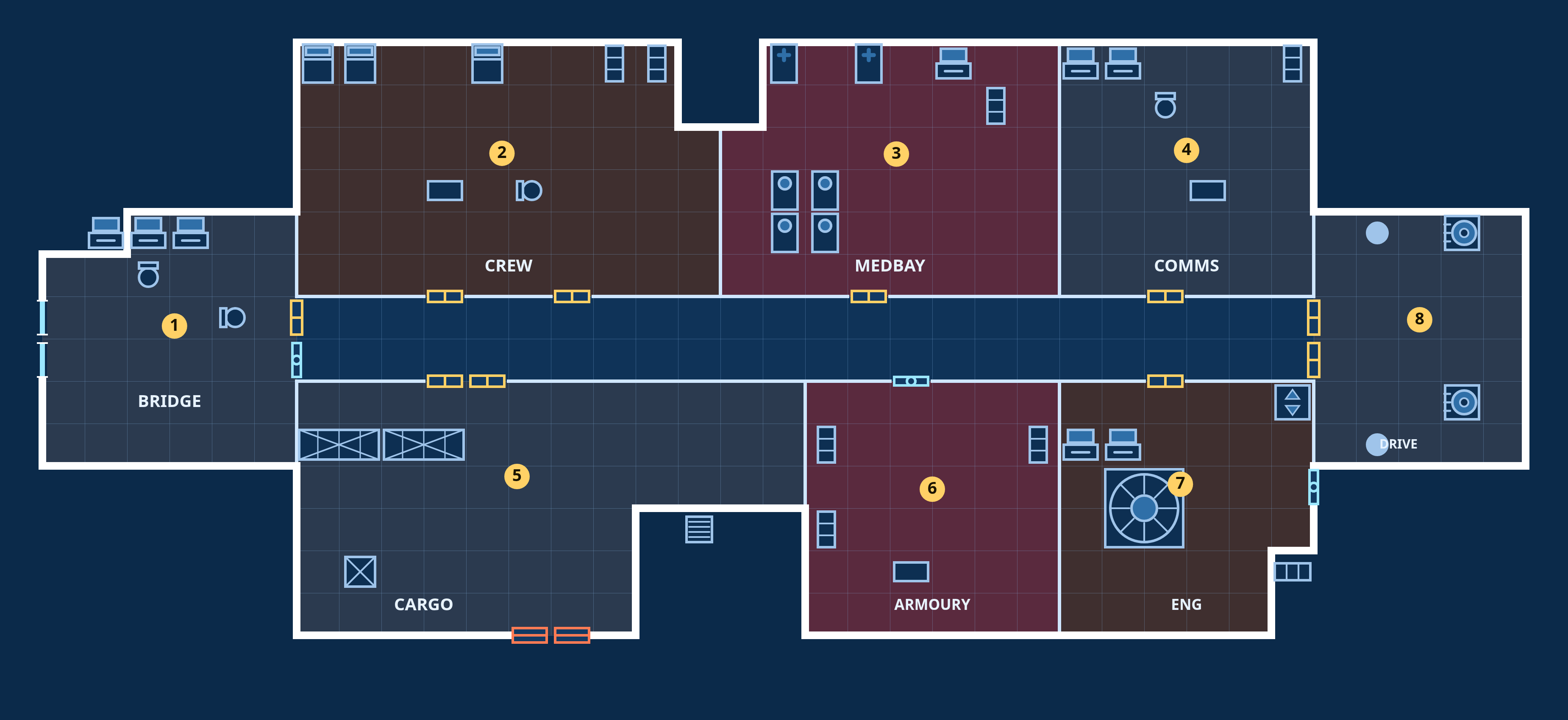 Derelict — MSV Cassandra, Deck 2 (breached): top-down sci-fi deck plan with coloured, labelled rooms, doors and fixtures.