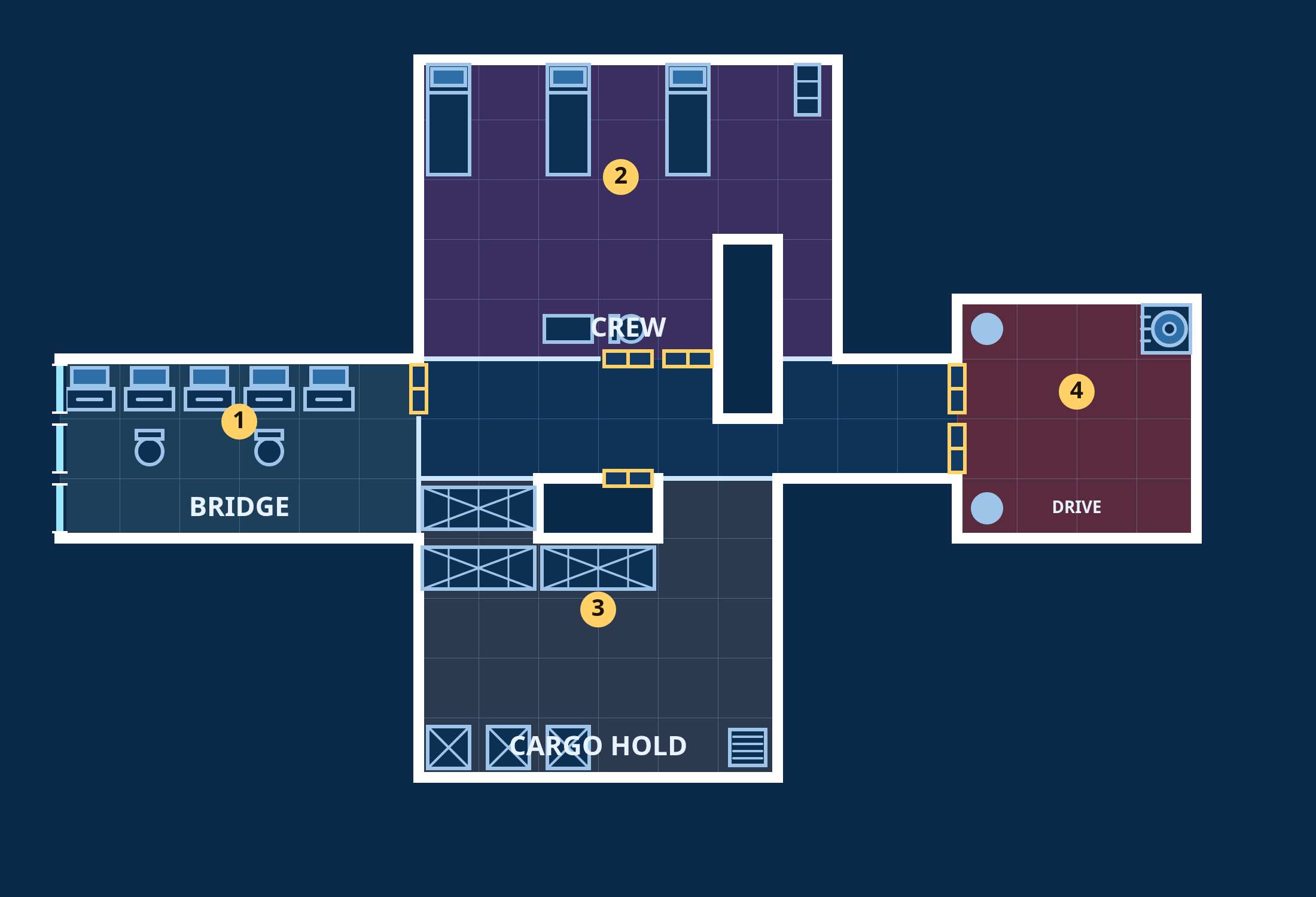 Derelict — Lantern shuttle, Main deck: top-down sci-fi deck plan with coloured, labelled rooms, doors and fixtures.