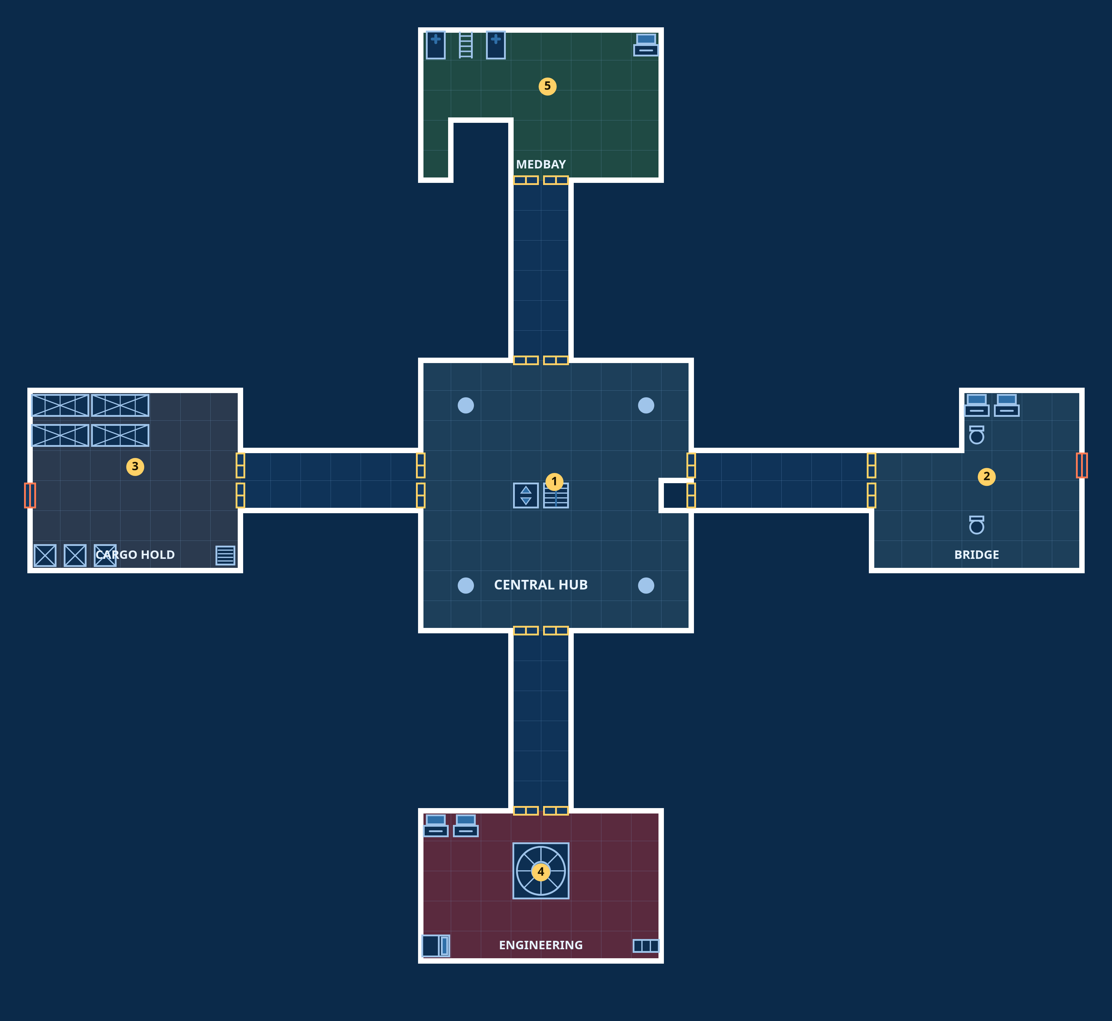 Derelict — Corvid Station, Hub deck: top-down sci-fi deck plan with coloured, labelled rooms, doors and fixtures.