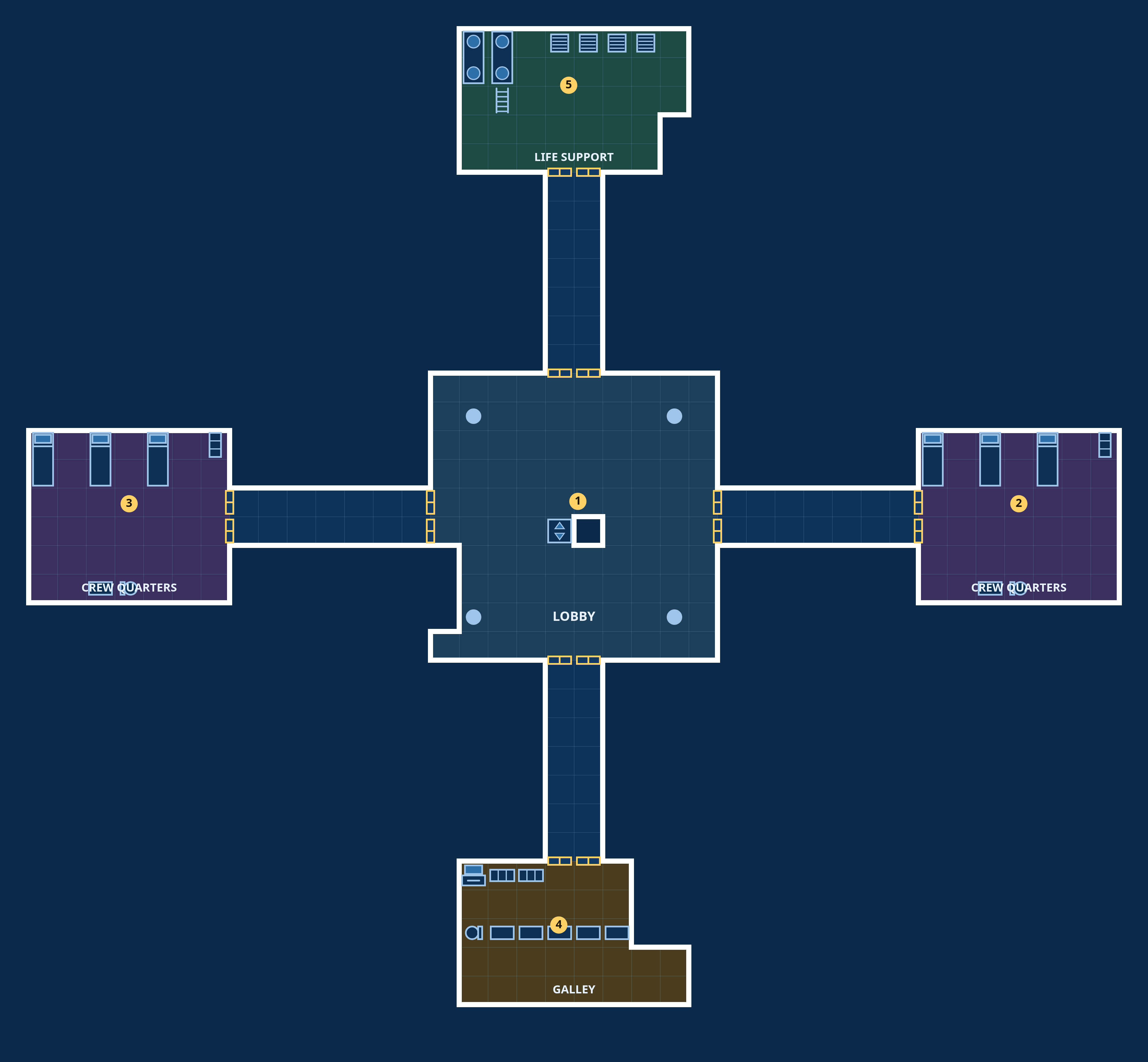 Derelict — Corvid Station, Ring deck: top-down sci-fi deck plan with coloured, labelled rooms, doors and fixtures.