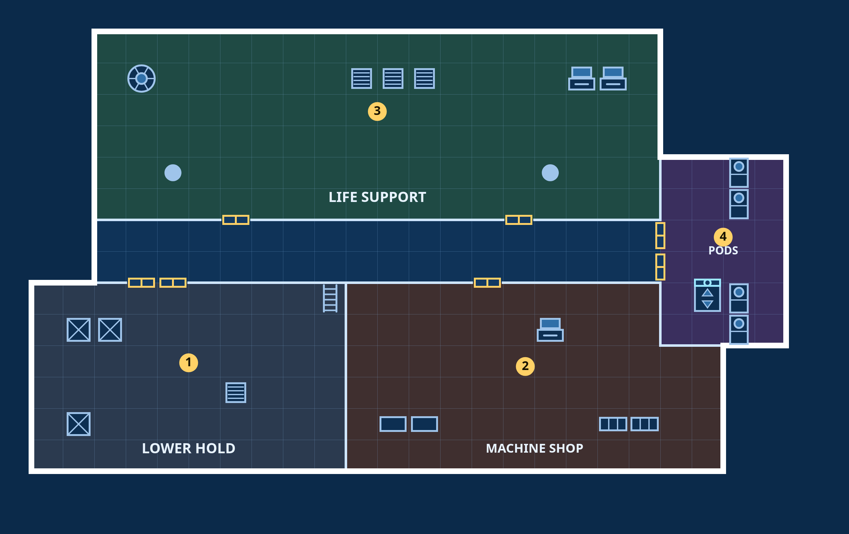 ICV Halcyon Drift, Lower deck: top-down sci-fi deck plan with coloured, labelled rooms, doors and fixtures.