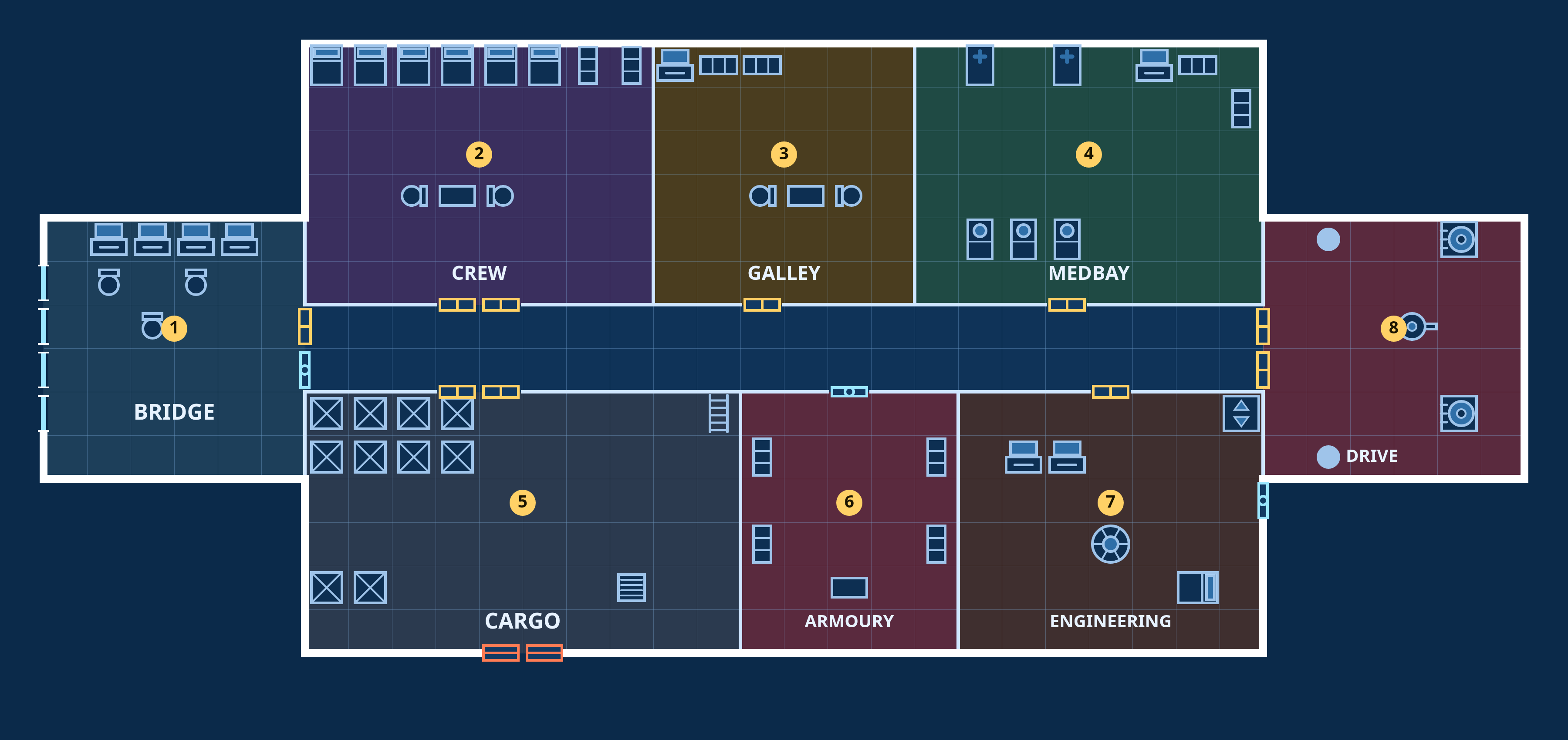 ICV Halcyon Drift, Upper deck: top-down sci-fi deck plan with coloured, labelled rooms, doors and fixtures.