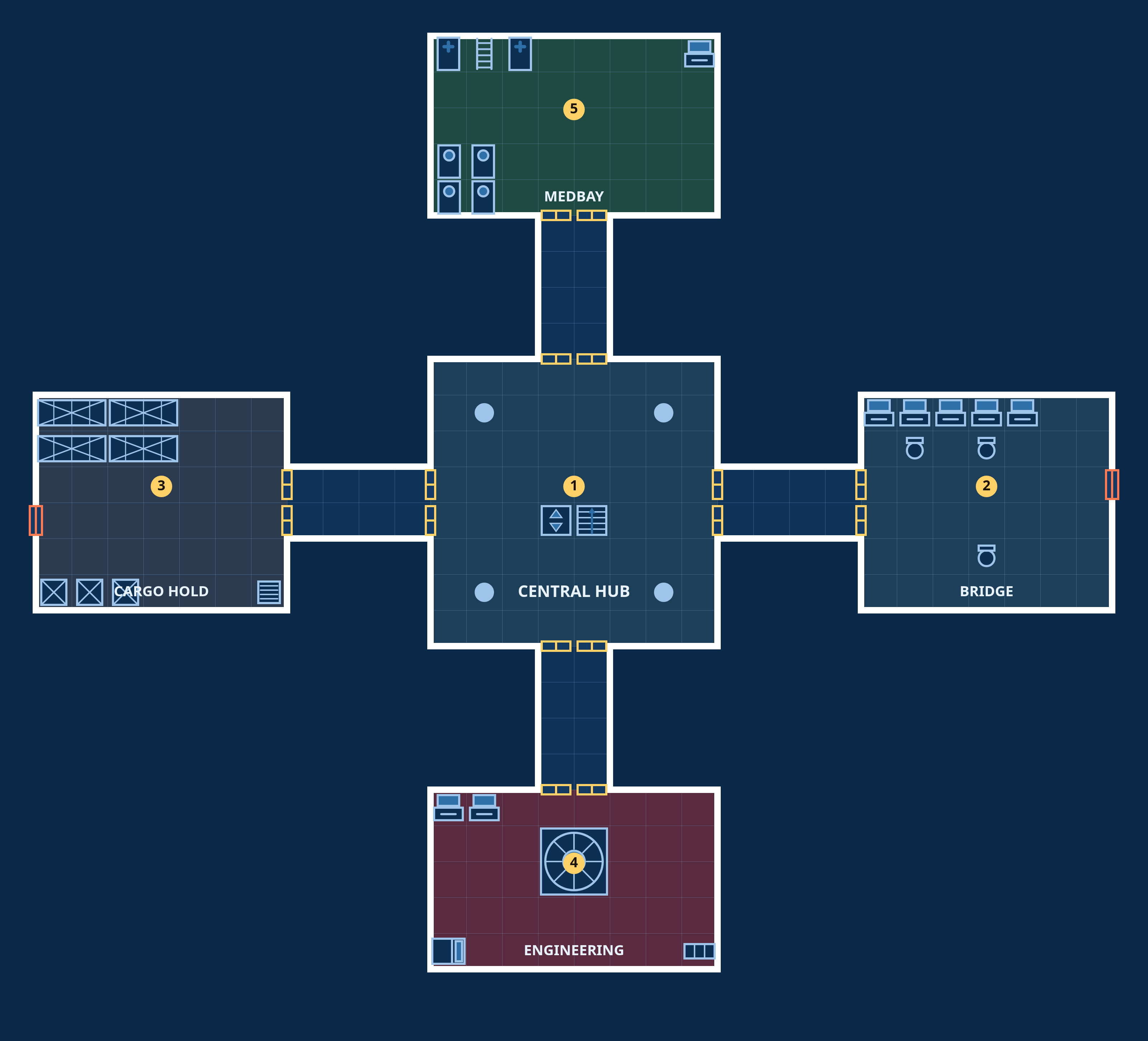 Vesper Station, Hub deck: top-down sci-fi deck plan with coloured, labelled rooms, doors and fixtures.