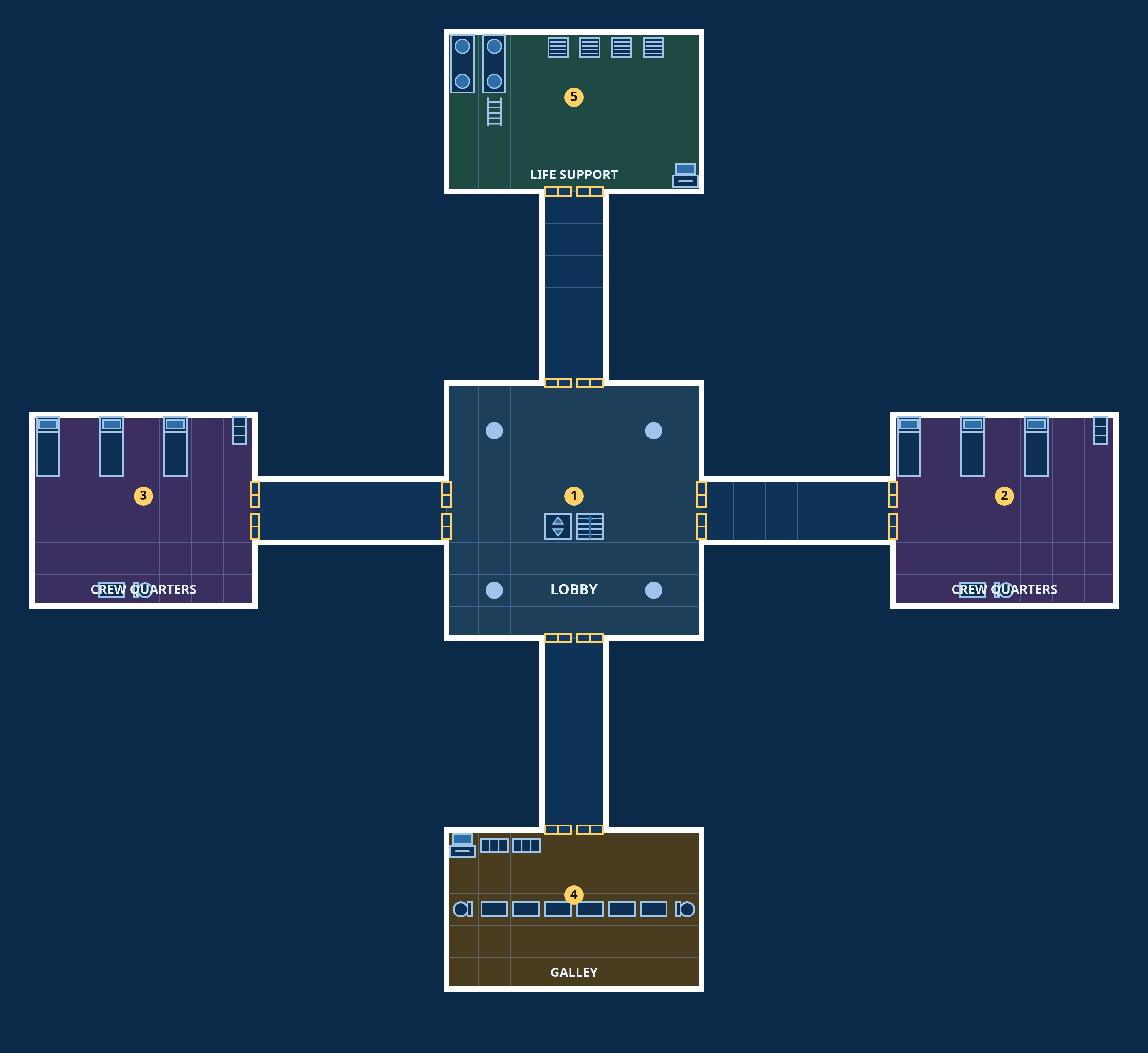 Vesper Station, Ring deck: top-down sci-fi deck plan with coloured, labelled rooms, doors and fixtures.