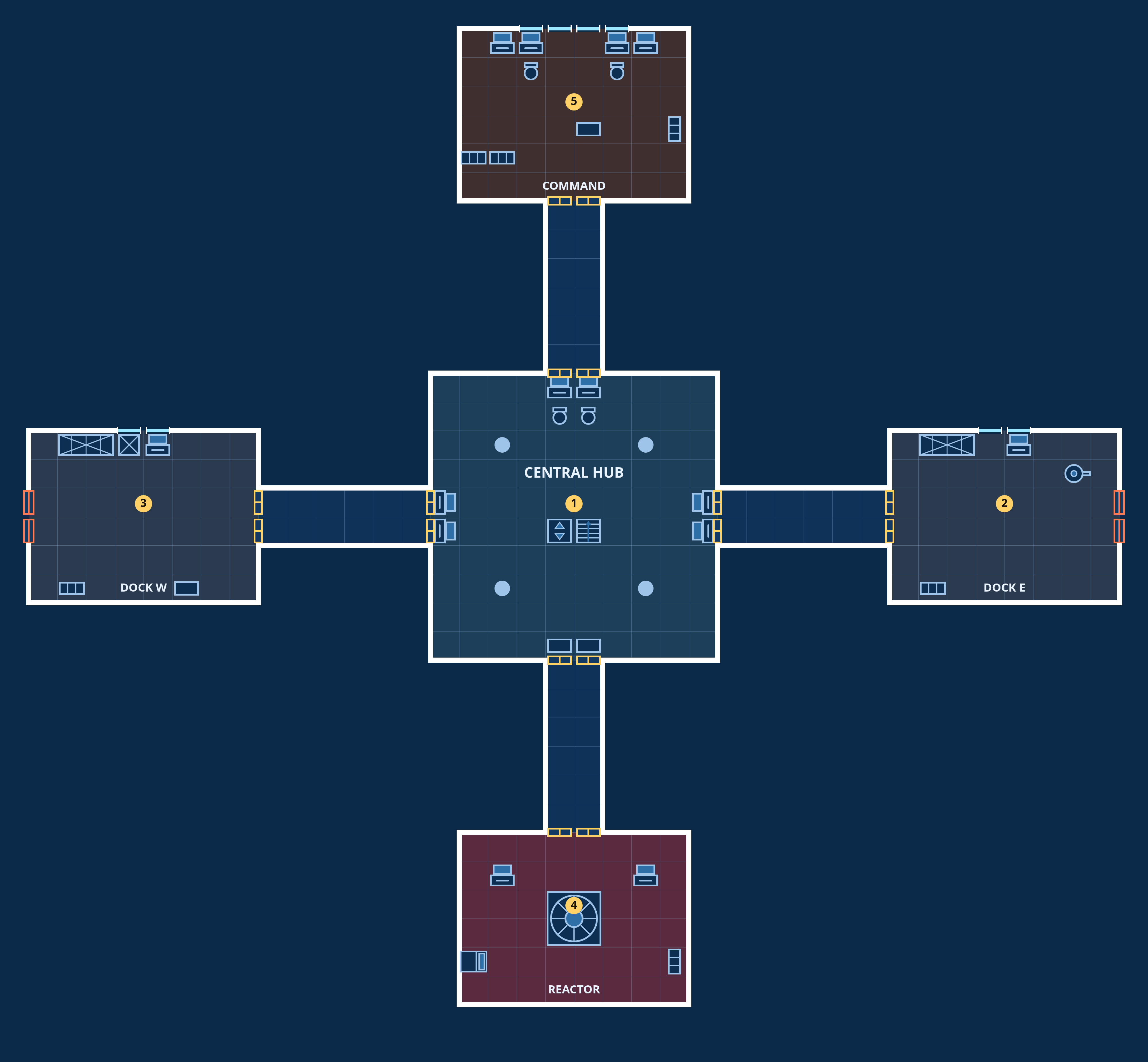 Threshold Station, Hub deck: top-down sci-fi deck plan with coloured, labelled rooms, doors and fixtures.