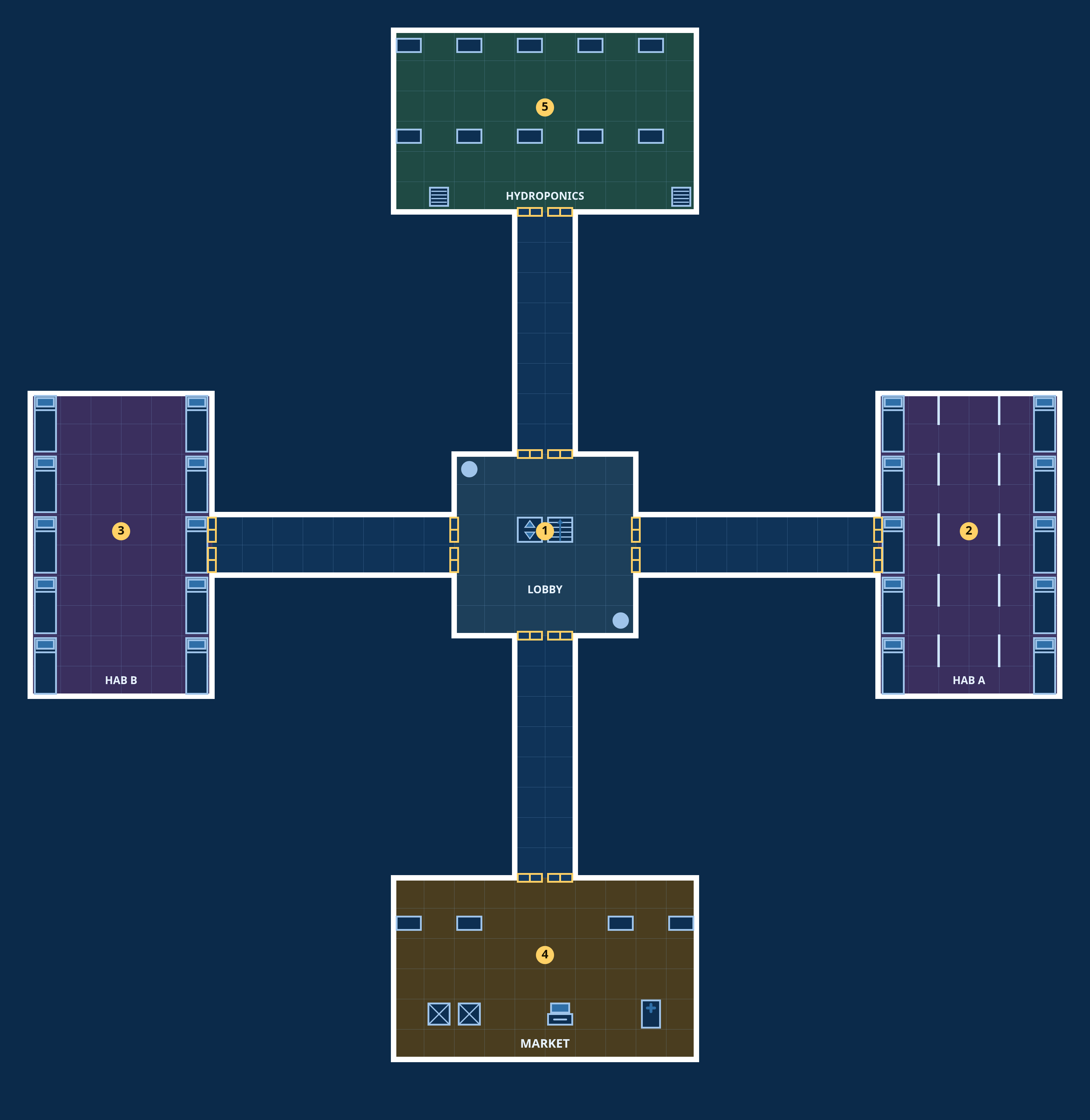 Threshold Station, Ring deck: top-down sci-fi deck plan with coloured, labelled rooms, doors and fixtures.