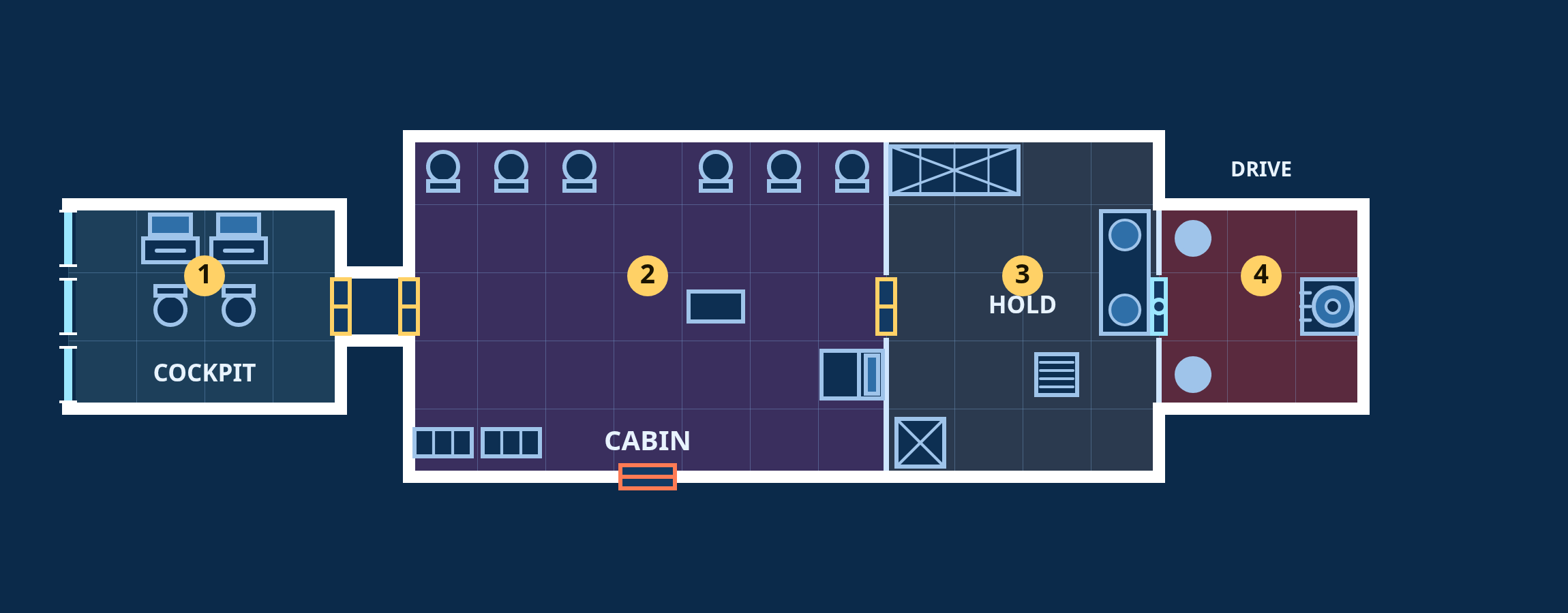 Wren-class shuttle, Deck: top-down sci-fi deck plan with coloured, labelled rooms, doors and fixtures.
