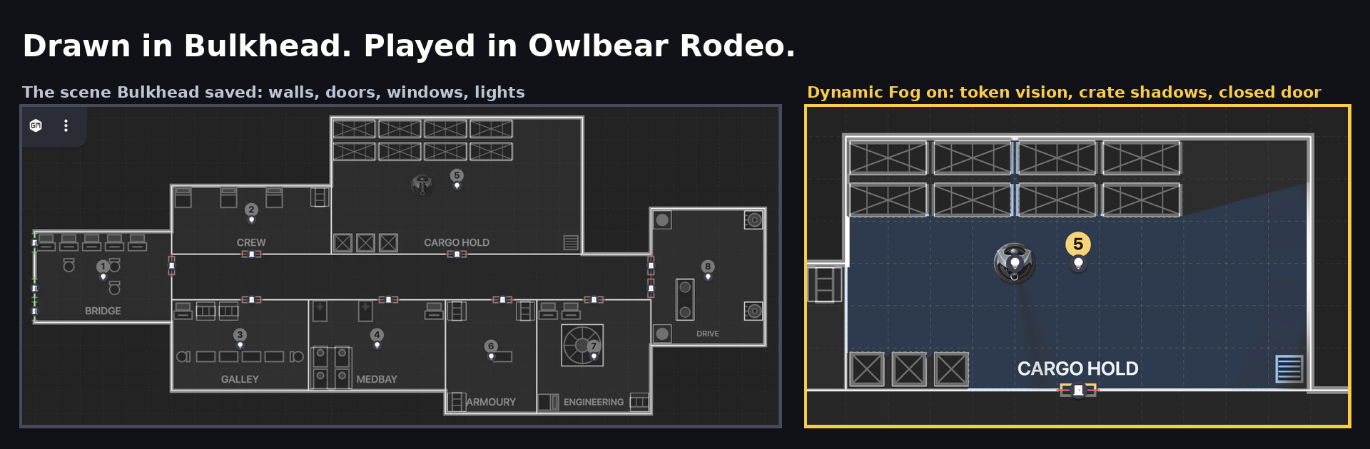 Two Owlbear Rodeo screenshots side by side. Left: a corvette deck plan saved as a scene, rooms labelled Bridge, Crew, Cargo Hold, Galley, Medbay, Armoury, Engineering and Drive, with numbered room pins, door markers along the walls and light markers placed. Right: the same scene with Dynamic Fog switched on, a token in the cargo hold seeing a lit wedge of the room, crates casting shadows and a closed door holding the light back.