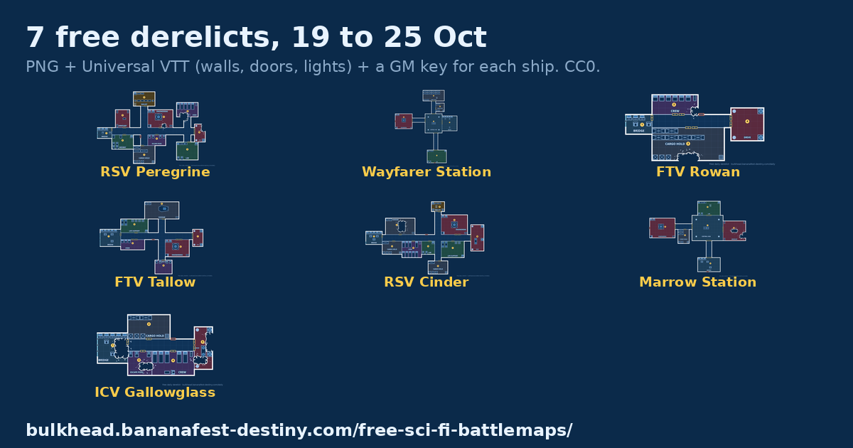 The 7 derelict deck plans in this week's pack, drawn as blueprint maps